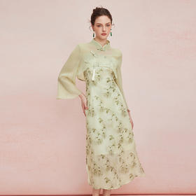QF883斯尔丽25新款改良版旗袍抛袖薄纱上衣搭配印花内搭连衣裙两件套装