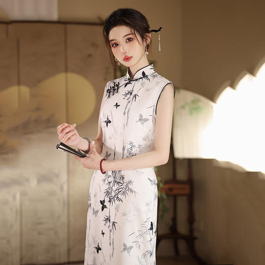 SC21109水墨竹国风中式长款无袖旗袍改良年轻款2025新款少女复古修身夏季 商品图2