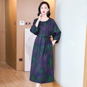 KQ-221951新款大码女装娟纺香云纱真丝印花连衣裙宽松大版系带桑蚕丝中长裙