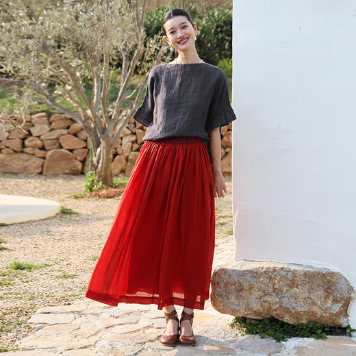 绽放旅行女装222朵/荷叶小衫高支皱纹色织亚麻一字领荷叶袖T恤衫 商品图2