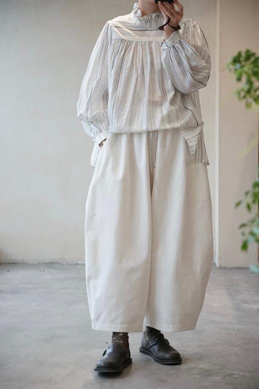 MAKU textiles｜真丝褶边领口不规则条纹长袖衬衫 商品图2