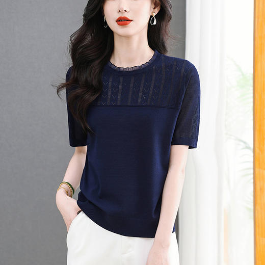 CC-MY-1209新款大码冰丝针织衫花边圆领短袖T恤气质夏装蕾丝上衣 商品图0