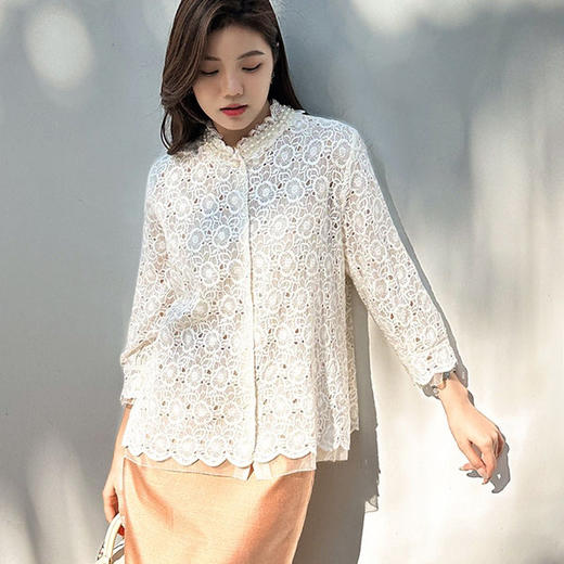 「K」洛诗琳05019气质绣花衬衫2025重工钉珠蕾丝拼接真丝上衣2339 商品图1