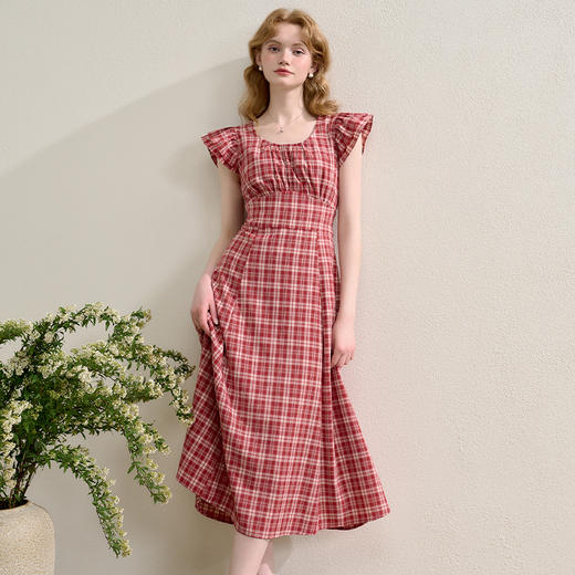 法式优雅气质复古格纹飞飞袖连衣裙女2025夏季收腰连衣裙V1050641 商品图0