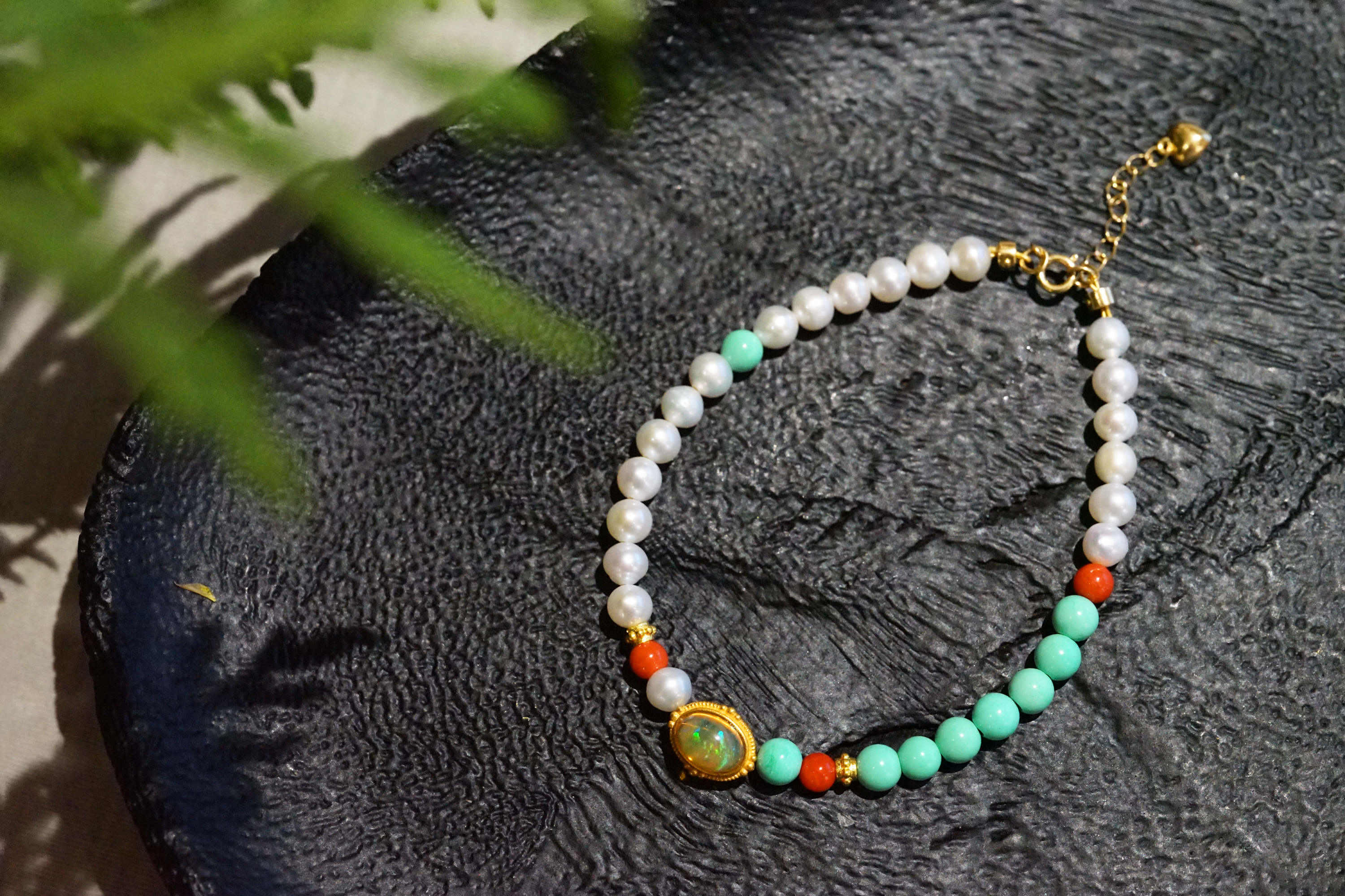 18K+足金珍珠绿松欧泊手链 特价