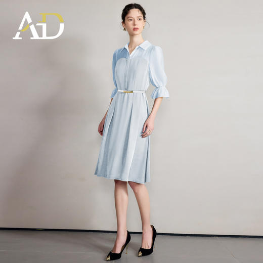 AD夏季蓝色连衣裙女轻奢高级感气质衬衫领拼接优雅设计感西装裙子 商品图3