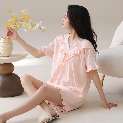 自然醒梵花云朵棉（带胸垫）睡衣女款夏季短袖短裤薄款花边甜美风女士家居服QH 商品图11