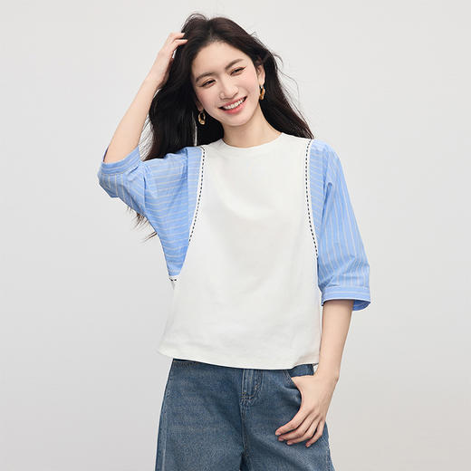 【专属特价】熙世界撞色条纹拼接圆领T恤短袖女夏季新款设计感宽松蝙蝠袖上衣 商品图4