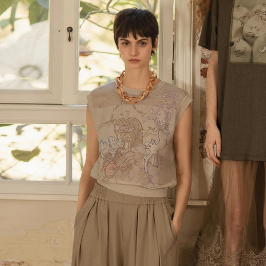 谜底针织衫无袖女2025夏季新品复古文艺宽松H型短毛衣252MZ0853 商品图0