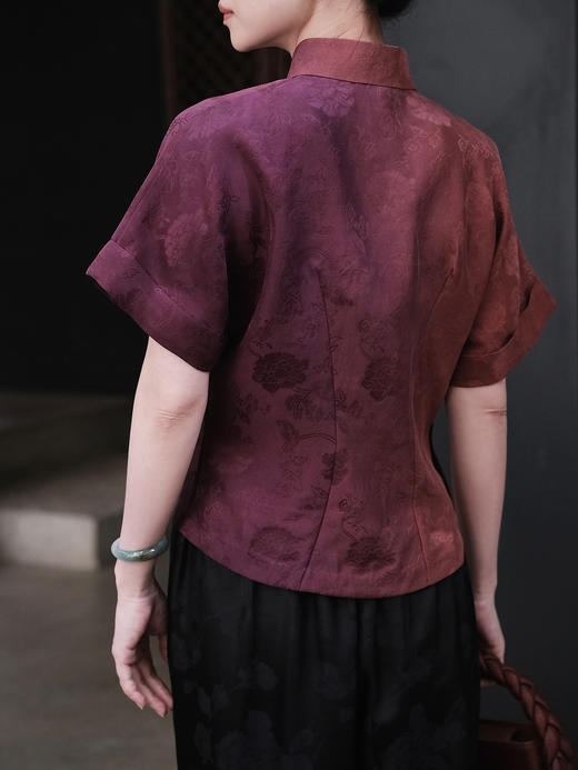 盛唐牡丹| 渐变色香云纱提花偏襟短袖上衣 商品图3