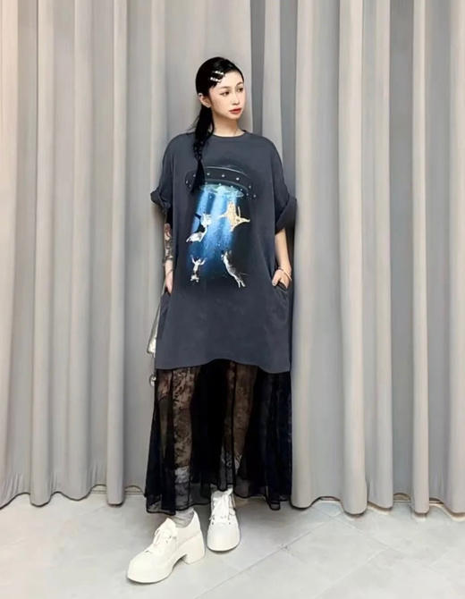 乌丫25飞碟吸猫图案拼接蕾丝T恤裙050802 商品图10