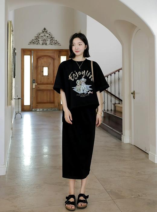 小狗印花休闲宽松显瘦短袖T恤＋松紧腰半身裙一套 商品图6