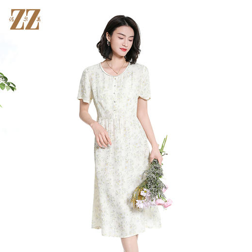 佐尔美夏季新款时尚气质碎花桑蚕丝短袖连衣裙女M42LS91 商品图1
