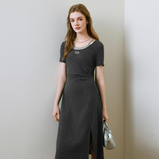 【商场同款】诗凡黎假两件连衣裙2025夏新款开叉中长裙3G4290171 商品图2