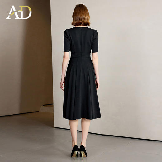 AD法式黑色连衣裙女高级感抗皱麻料圆领大摆裙中长款职场通勤女装 商品图4