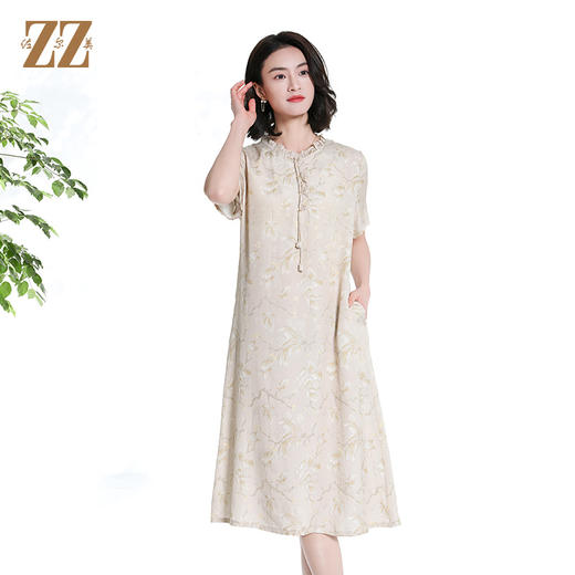 佐尔美夏季新款新中式国风碎花桑蚕丝短袖连衣裙女M42LS88 商品图2
