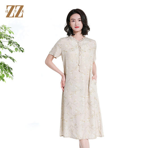 佐尔美夏季新款新中式国风碎花桑蚕丝短袖连衣裙女M42LS88 商品图1
