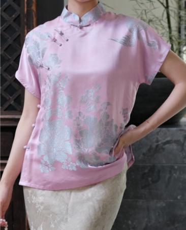 盛唐牡丹| 民国真丝老面料偏襟上衣-粉色 商品图0