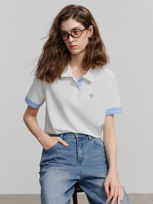初语撞色条纹翻袖POLO衫女2025夏季新款珠地复古休闲小衫上衣 商品图1