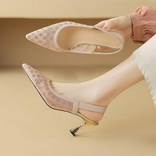 【预售5天】高颜值网纱后绊带包头凉鞋女夏新款尖头细跟时装真皮凉鞋NDXC&7090 商品图3