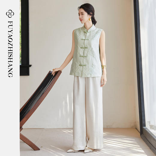 FUYAO扶摇 浮光掠金 新中式提花对襟马甲女国风复古盘扣百搭上衣 商品图3