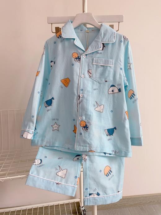 松植屋男童海底世界翻领纱布长袖睡衣套装 儿童100%全棉纱布家居服 商品图1