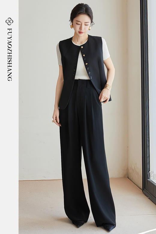 FUYAO扶摇 新中式时尚套装女黑色马甲无袖上衣高级感阔腿裤两件套 商品图5