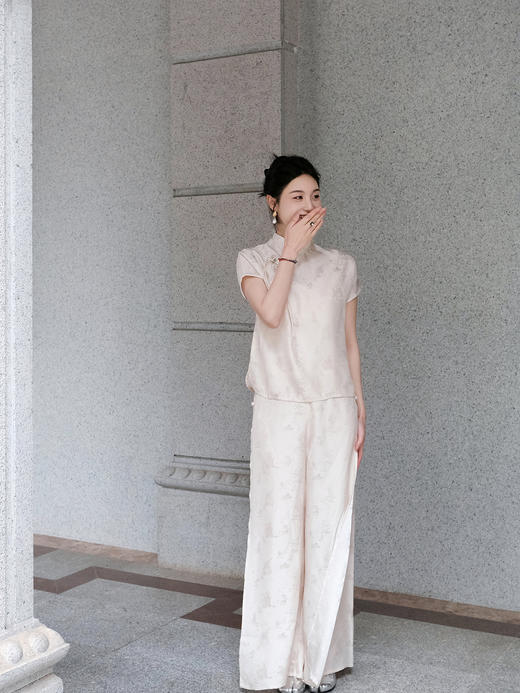 盛唐牡丹 |桃花源香槟色真丝提花上衣 商品图1