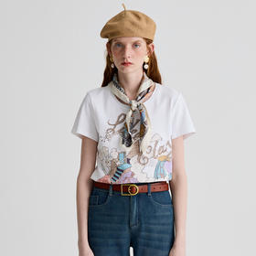 谜底T恤短袖女2025夏新品休闲日常印花合身X型中长上衣252MT0624