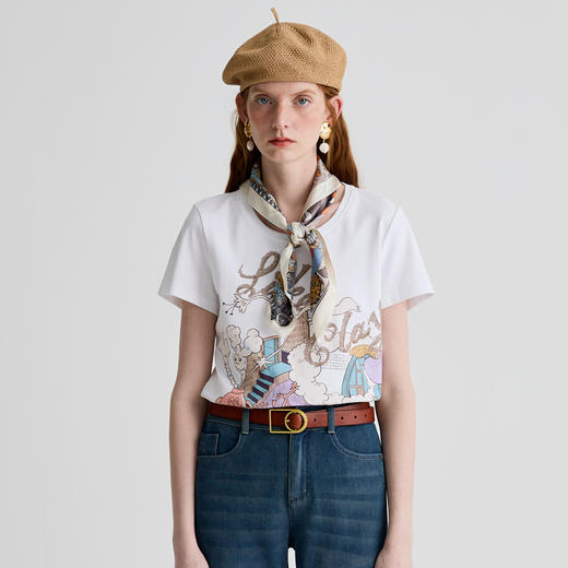 谜底T恤短袖女2025夏新品休闲日常印花合身X型中长上衣252MT0624 商品图0