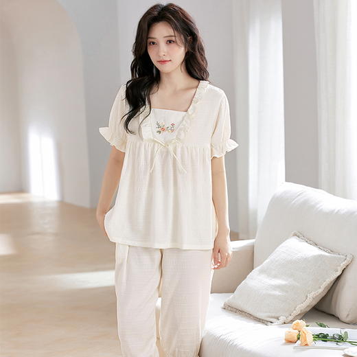 自然醒月坞云朵棉睡衣女夏季（带胸垫）短袖七分裤可外穿夏天甜美家居服套装QH 商品图2