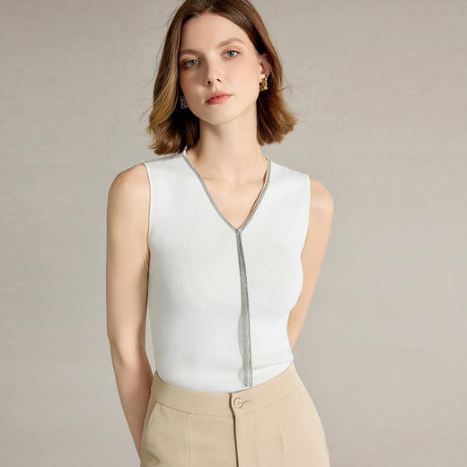 AD2025新款白色醋酸无袖针织背心精致V领镶钻设计感简约百搭上衣 商品图0