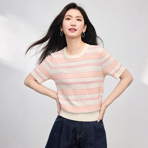 【专属特价】熙世界多巴胺条纹冰丝针织衫女夏季薄款2025年新款短袖绝美小上衣 商品图3