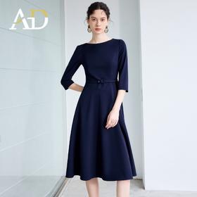 AD大方得体连衣裙2025新款今年流行爆款藏青色法式圆领中长款伞裙