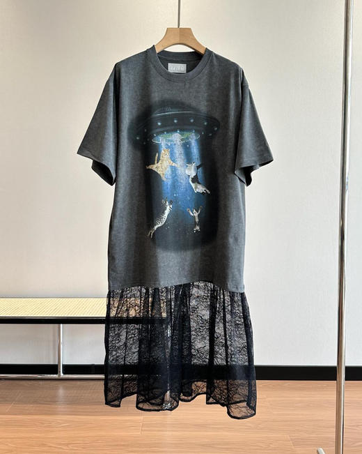 乌丫25飞碟吸猫图案拼接蕾丝T恤裙050802 商品图4