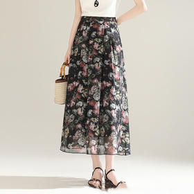 MYX-KDFY-S1917-L印花雪纺百褶A字裙垂坠感修身显瘦中长裙2025夏季新款休闲半身裙