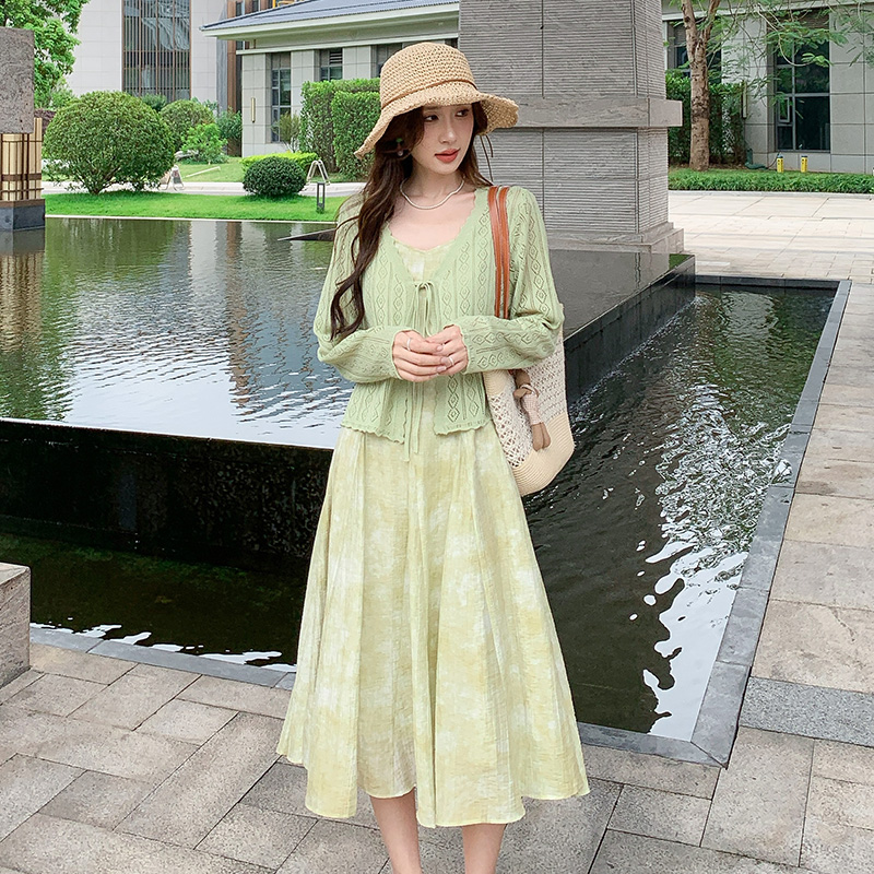 奢姿大码女装夏季胖妹妹镂空针织衫吊带小V领清新套装连衣裙9952953216AB