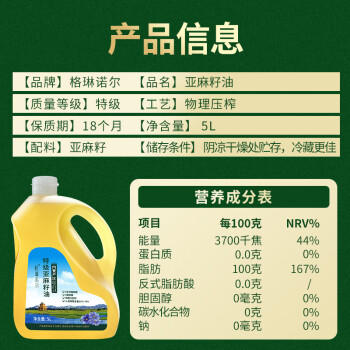 格琳诺尔0反亚麻籽油5L 特级冷榨胡麻油 内蒙古特产食用油 中秋礼品送父母 /粮油调味 /食用油 /其他油 商品图1