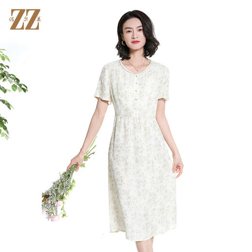 佐尔美夏季新款时尚气质碎花桑蚕丝短袖连衣裙女M42LS91 商品图0