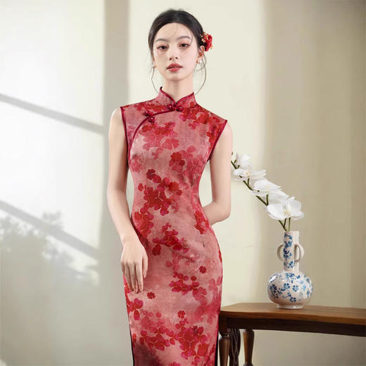 无袖仿醋酸提花长款红色复古清冷感气质旗袍SJT6064 商品图1