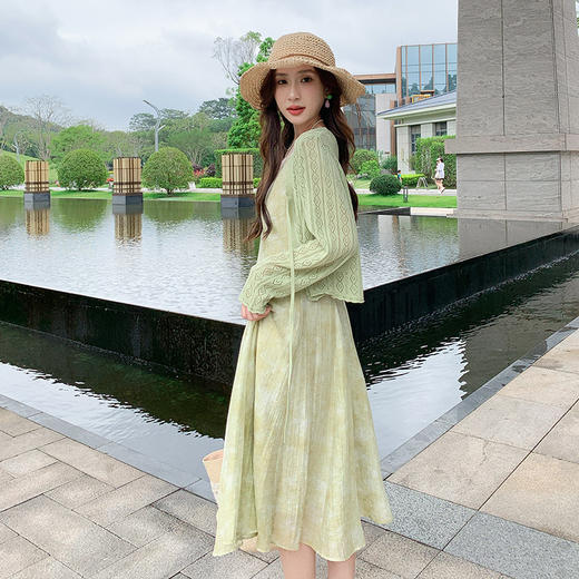 奢姿大码女装夏季胖妹妹镂空针织衫吊带小V领清新套装连衣裙9952953216AB 商品图3