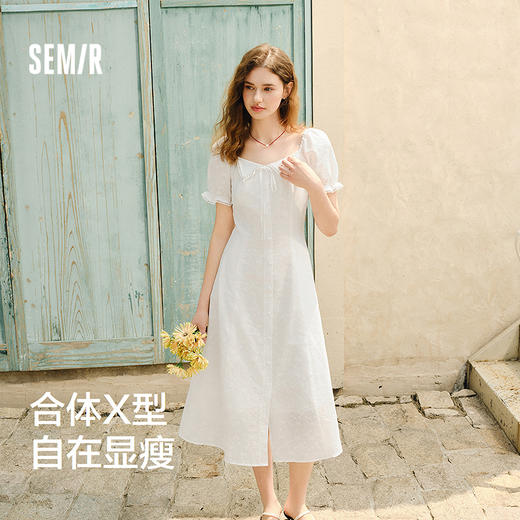 森马连衣裙女设计感重工绣花气质夏2025新款花边翻领泡泡袖小白裙 商品图1