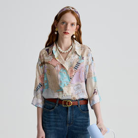 谜底衬衫七分袖女2025夏新品复古风通勤宽松H型中长衬衣252GC0647