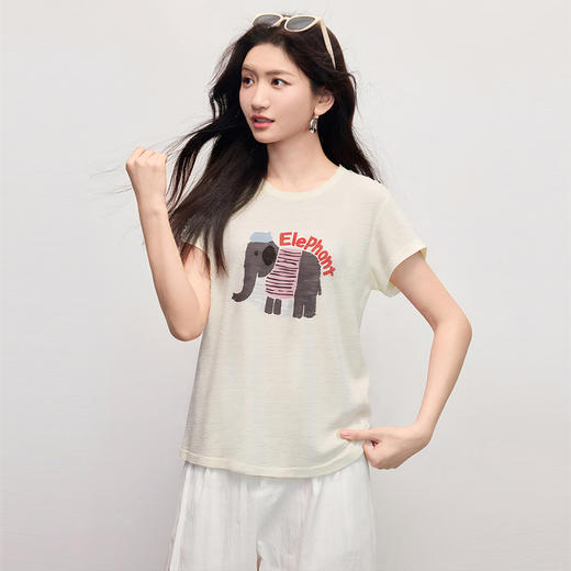 【周末秒杀】熙世界大象提花冰丝针织衫女薄款2025夏新款宽松圆领短袖T恤上衣 商品图4