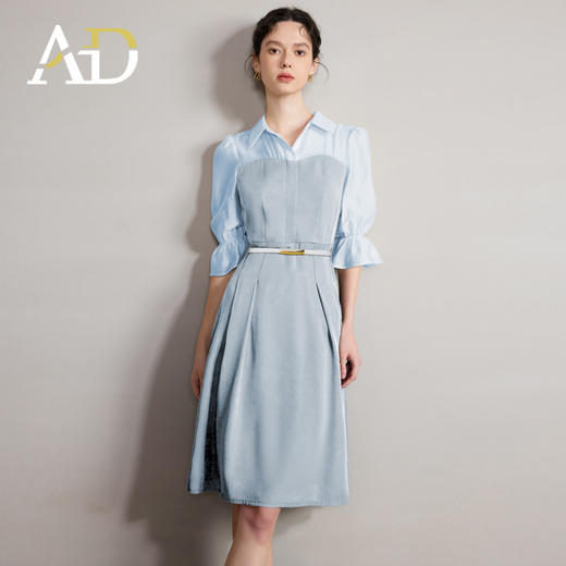 AD夏季蓝色连衣裙女轻奢高级感气质衬衫领拼接优雅设计感西装裙子 商品图2