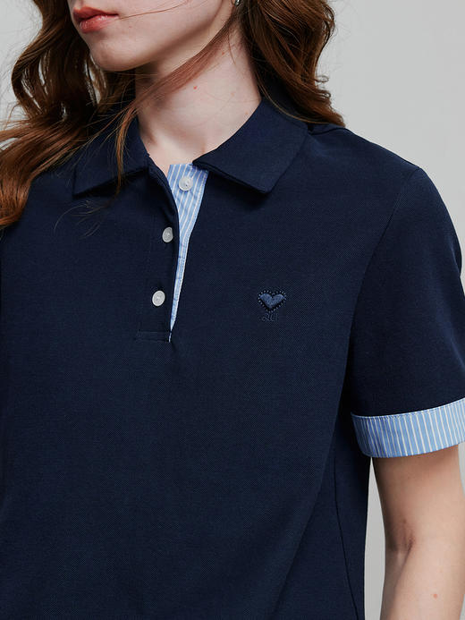 初语撞色条纹翻袖POLO衫女2025夏季新款珠地复古休闲小衫上衣 商品图3