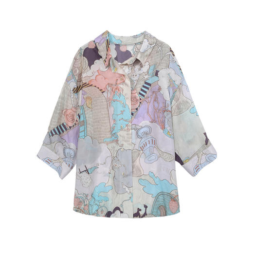 谜底衬衫七分袖女2025夏新品复古风通勤宽松H型中长衬衣252GC0647 商品图4