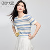 【夏季新品】熙世界法式撞色条纹镂空薄针织衫女短袖圆领冰丝上衣2025夏日新款 商品缩略图0