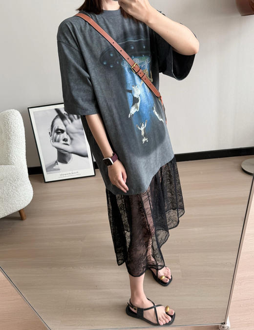 乌丫25飞碟吸猫图案拼接蕾丝T恤裙050802 商品图2