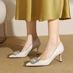 【预售5天】真皮浅口女鞋春秋新款水钻方扣高跟鞋女舒适细跟尖头气质名媛单鞋ZF&25002